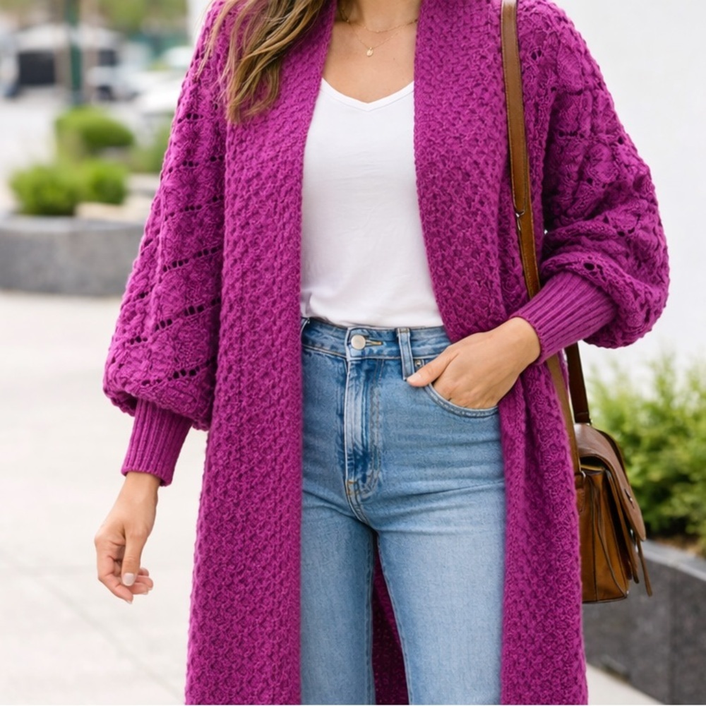 Pink Martini Textured Knit Open Cardigan | Fushia Purple Cozy Layer